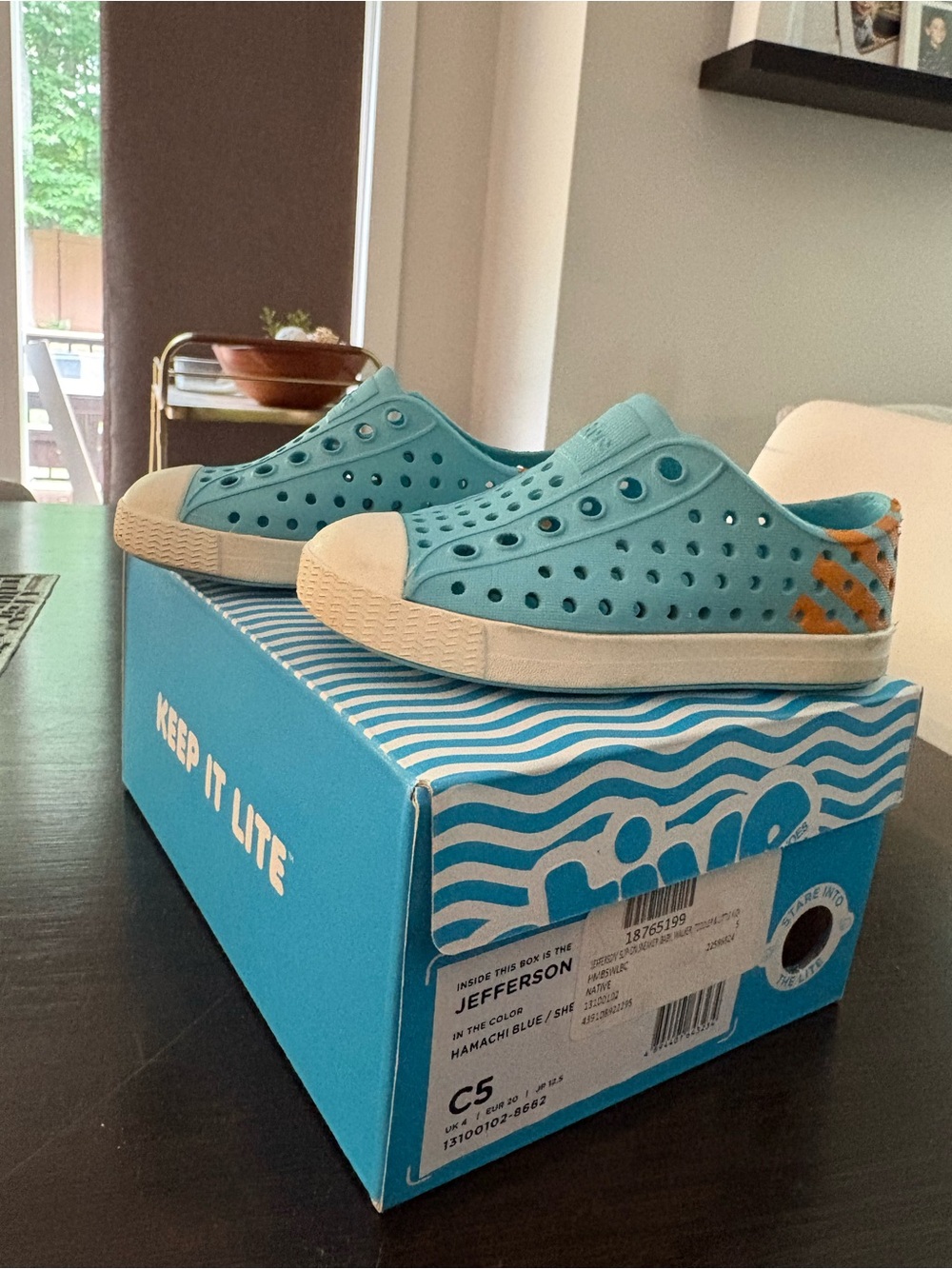 Native Shoes Jefferson Kids Slip-On in Aquamarine with Orange Accent